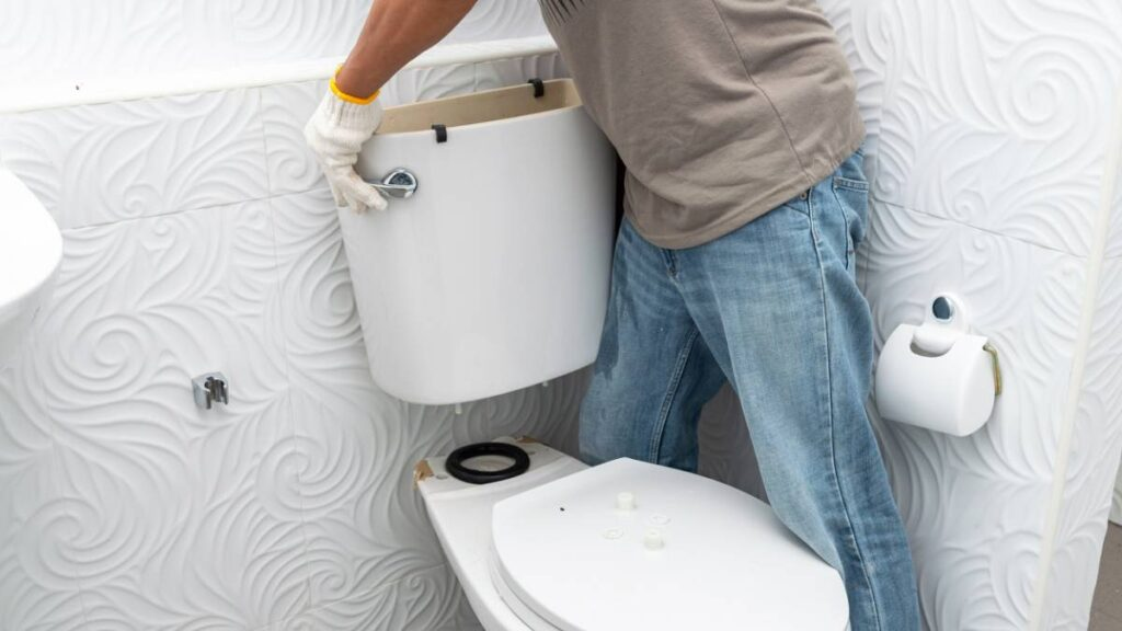 a plumber fixing a cistern and toilet in a modern bathroom