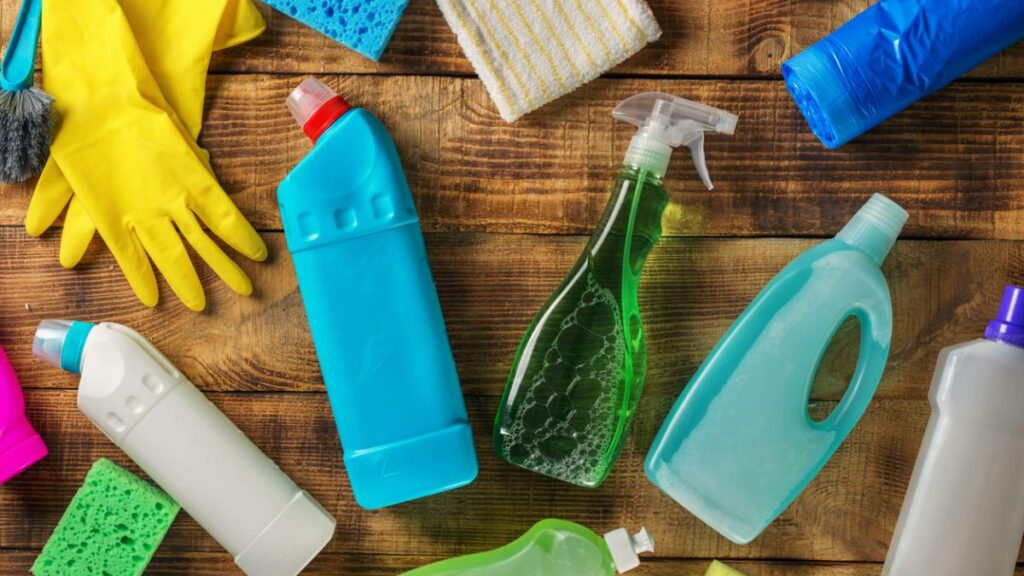 cleaning supplies flat lay