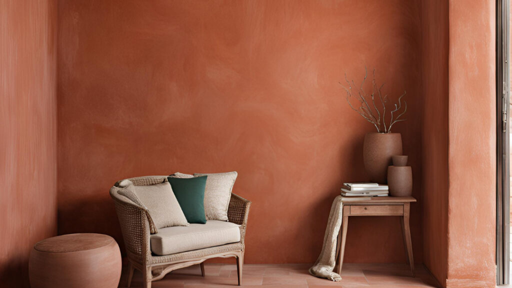 a reading nook with terracotta limewash walls