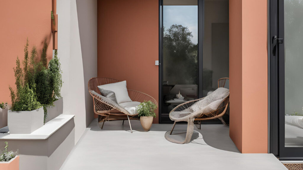 an outdoor seating area agains a terracotta limewash exterior wall