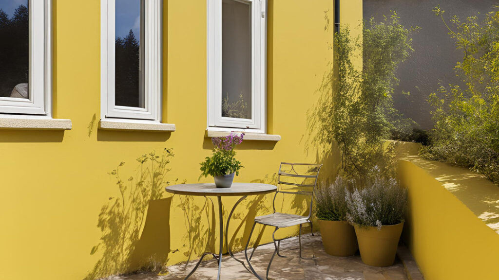 an outdoor terrace against yellow limewash exterior walls