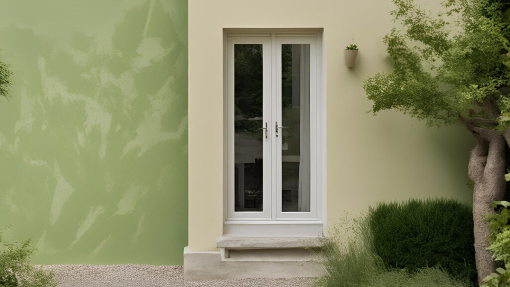 green limewash exterior walls with brush stroke texture on a two-toned house