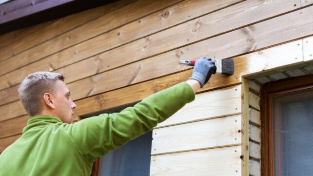 painter with paintbrush painting wood facade