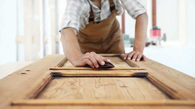 a carpenter sanding a wooden door