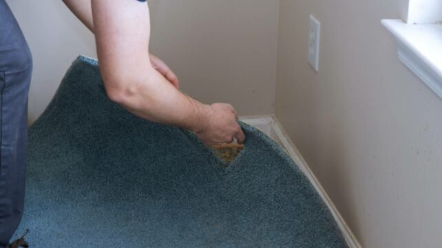 A worker removes an old carpet in a living room, showcasing the process of home renovation. - carpet installation cost