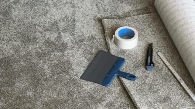 A carpet installer laying a new grey carpet in a living room. - carpet laying cost