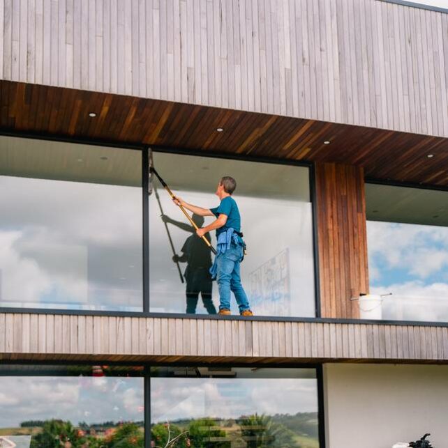 A professional window cleaner cleaning the second floor windows from the outside. - window cleaning cost